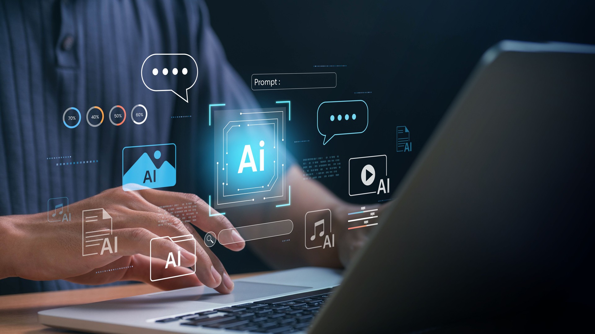 AI Automation and Processing Technology for Efficient Workflow Management and Innovation. professional using a laptop with an virtual assistant, chatbot, data analytics, and smart content generation